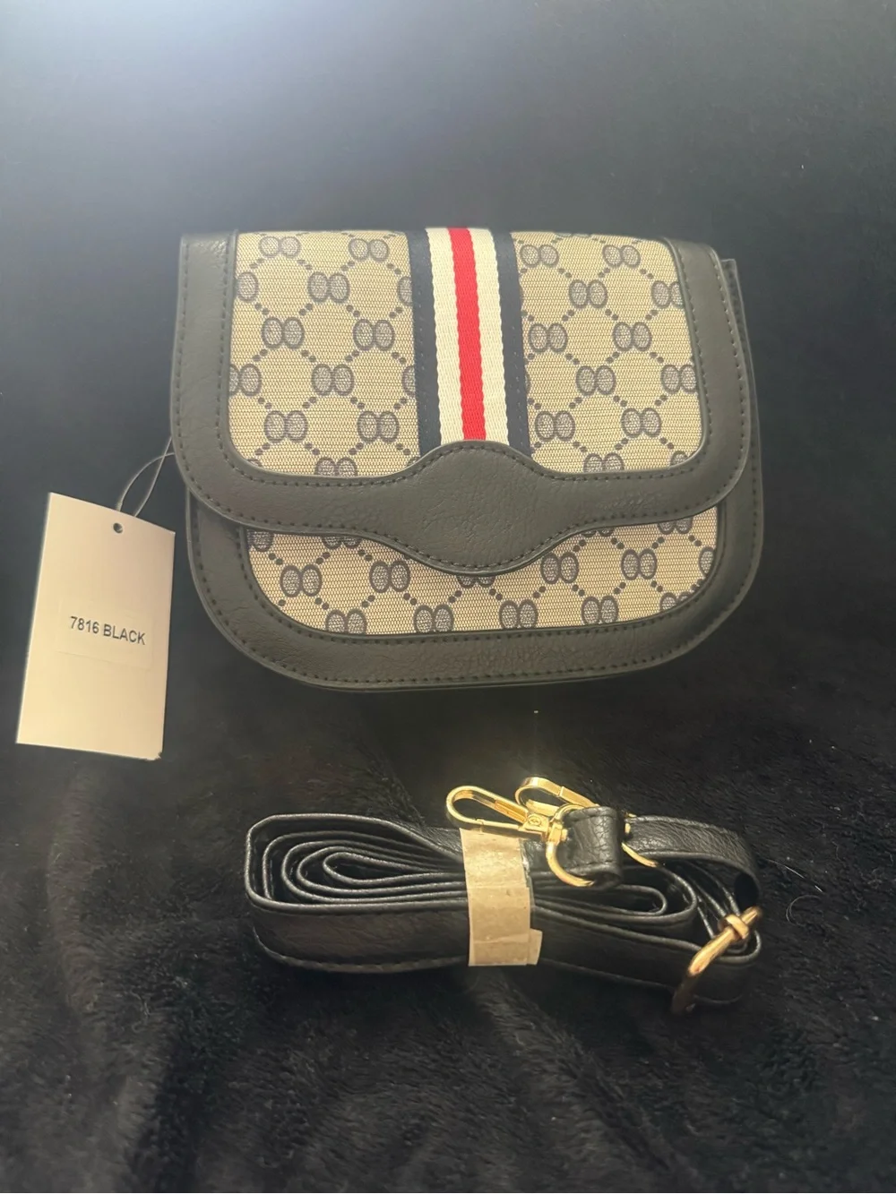 Black Patterned Crossbody Bag with Red-White-Blue Stripe vegan leather